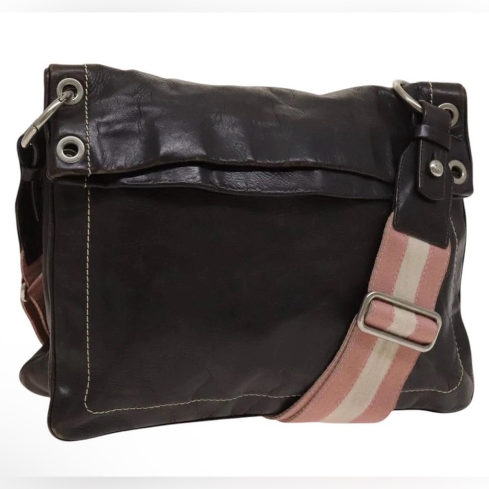 Bally Brown Leather Bag w/Rare Pink & Ivory Canvas Strap 10" x 13" Vintage